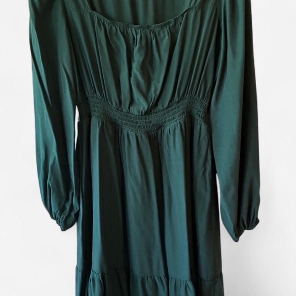 Dark Green peasant blouse style midi dress w/ long sleeve & square neck Sz 1X